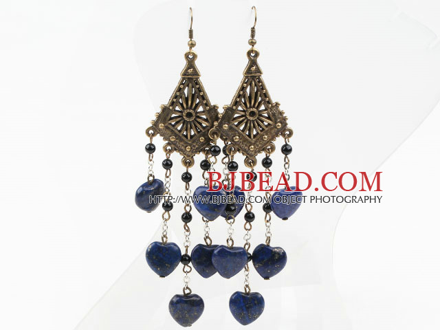 Vintage Style Black Agaat en Heart Shape Lapis Lange oorbellen