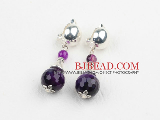 Faceted Round Purple Agate Clip Earrings