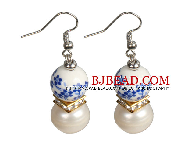 Elegant Natural Branco Pérola de água doce Vintage Blue & White Porcelana Beads Dangle Brincos