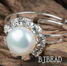 Classic Design Natural White Freshwater Pearl Adjustable Ring with Rhinestone