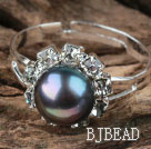 Classic Design Black Freshwater Pearl Adjustable Ring with Rhinestone