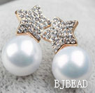 Fashion Style Immitation Round Pearl with Star Rhinestone Gold Plated Hypoallergenic Studs Earrings