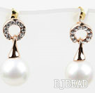 Fashion Style Immitation Round Pearl with Ring Shape Rhinestone Gold Plated Hypoallergenic Studs Earrings