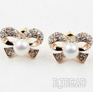 Fashion Style Immitation Round Pearl with Bow Shape Rhinestone Gold Plated Hypoallergenic Studs Earrings