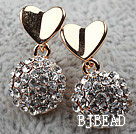 Fashion Style Half Ball Shape Rhinestone with Heart Accessory Gold Plated Hypoallergenic Studs Earrings