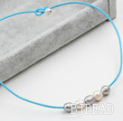 Simple Design White and Gray FW Pearl Necklace with Blue Leather