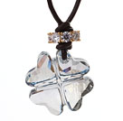 Verano Nueva Fecha de lanzamiento collar pendiente cristalino de cuatro hojas del trébol azul austríaco claro con cuero oscuro Brown