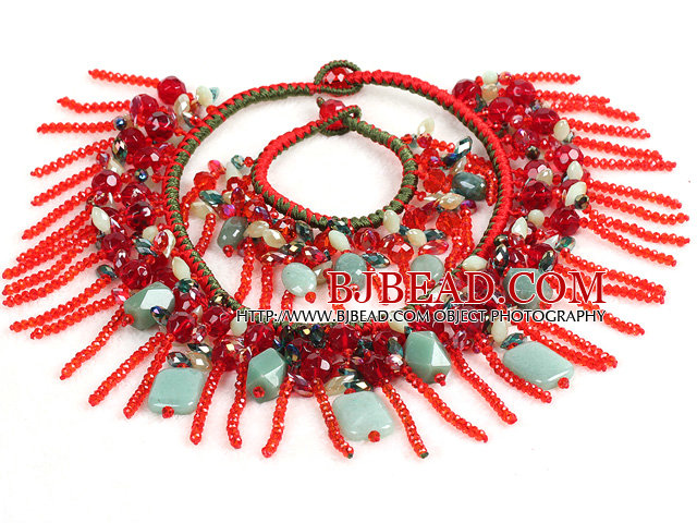 2015 Smukke Shining Red Crystal Green Aventurine Statement jul Tassel smykker sæt (halskæde & armbånd)