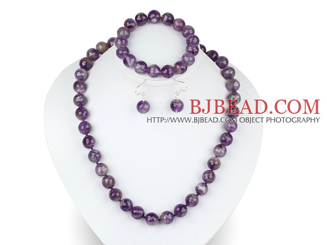 12mm faceted natural amethyst ball necklace bracelet and earrings set