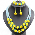 Popular Trendy Style Yellow And Light Blue Crystal Beads Jewelry Set (Necklace With Matched Bracelet And Earrings)