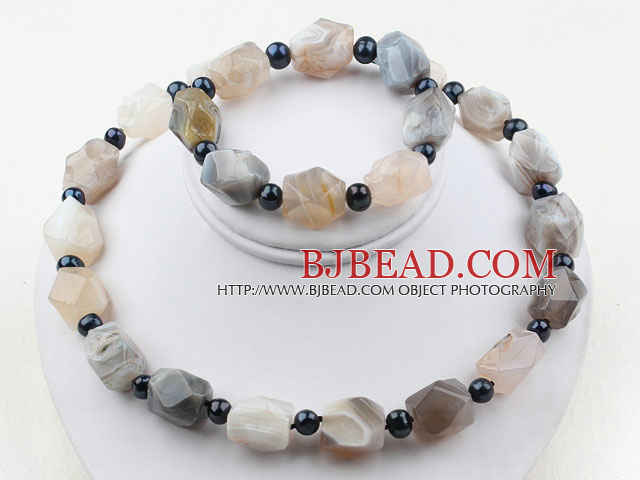 Perla de agua dulce negro y gris ágata Set Anís (collar y pulsera Igualados)