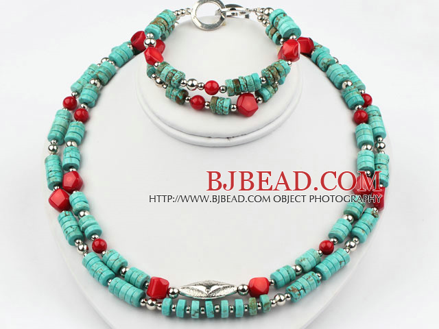 Twee strengen Turquoise en Red Coral Set (ketting en armband Matched)