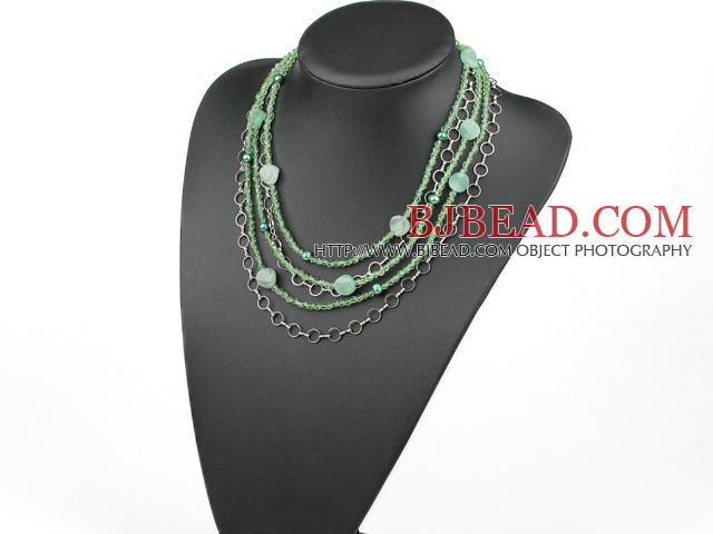 Multi Strands Green Pearl Crystal and Aventurine Necklace