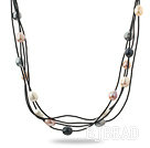 Drie Bundels 11-12mm Multi Color Zoetwater Parel en Zwart Leer Ketting