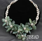 Natural White Freshwater Pearl and Jade Flower Party Necklace