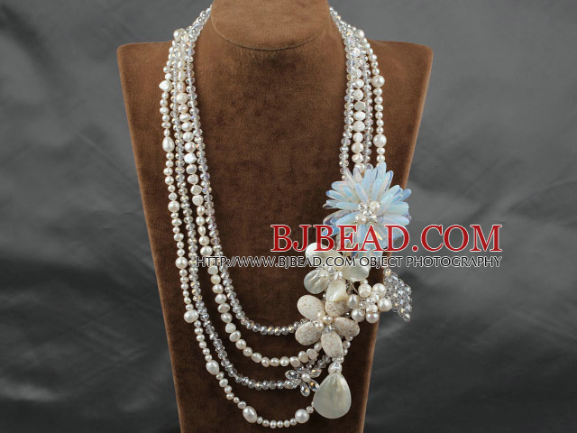White Series Gran Strands estilo múltiple Crystal White Pearl y Howlite y Shell Flower Party Collar