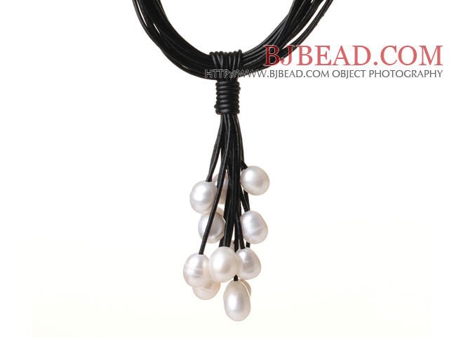 Multi Strands 11-12mm White Freshwater Pearl Leather Necklace with Magnetic Clasp and Black Leather