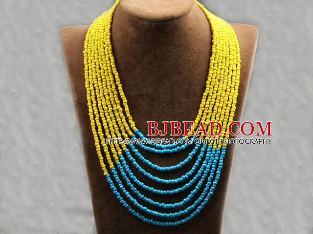 Multi Strands Multi Layered 4-5mm giallo e blu di vetro Collana Seed