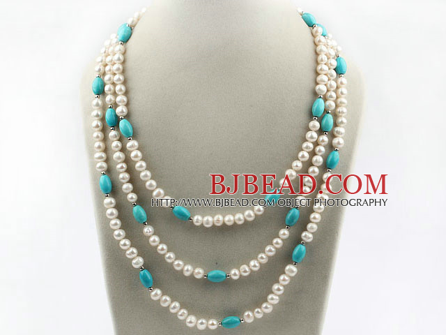 Three Strands White Freshwater Pearl and Turquoise Necklace with Turquoise Clasp