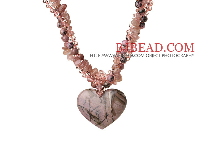 Nice Twisted Strawberry Quartz Rhodonite and Manmade Ctystal with Heart Shape Pendant Necklace