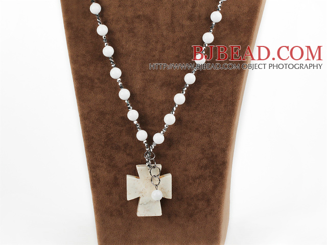 White Sea Shell e Gray Cor Prata Cristal e Howlite pingente Cruz