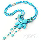 New Style Blue Series White Pearl and Blue Turquoise Flower Necklace