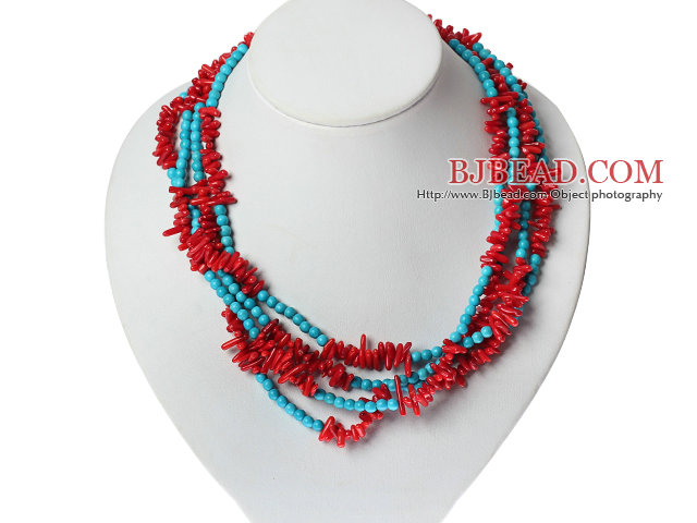 Multi Strands Corallo Rosso e Blu Turchese Collana 