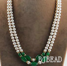 noble double strand white pearl and green jade necklace with gold color clasp