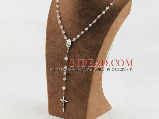 Rosario 31,5 pollici, 6-8mm rosa quartze palla collana rosario con croce