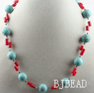 Single strand assorted turquoise and red coral necklace with lobster clasp under $ 40