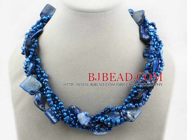 Hilos múltiples oscuro perla de agua dulce y azul oscuro Collar Blue Shell burbuja