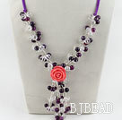 Clear Crystal and Purple Agate Y shape Necklace with Purple Thread