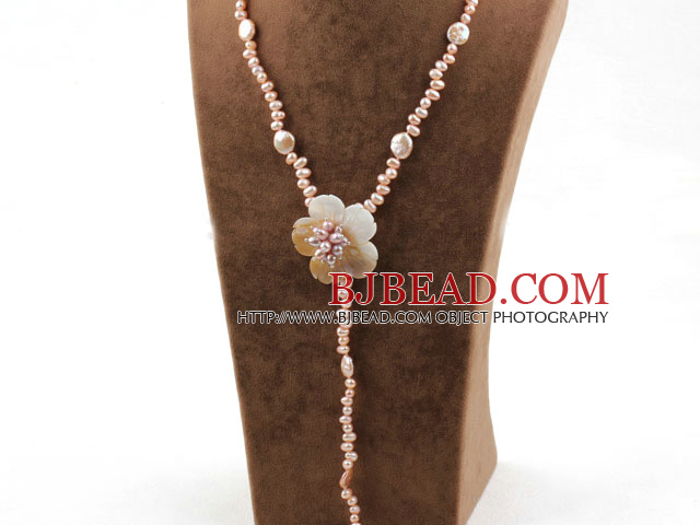 Natural Pink Freshwater Pearl and Shell Flower Y Shape Necklace