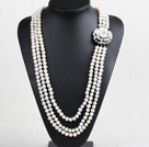 Pretty Fashion 3 Strand 8-9mm Natural Dichtbij Ronde Witte Zoetwater Pearl Necklace (Trui Chain) Met Shell Flower sluiting