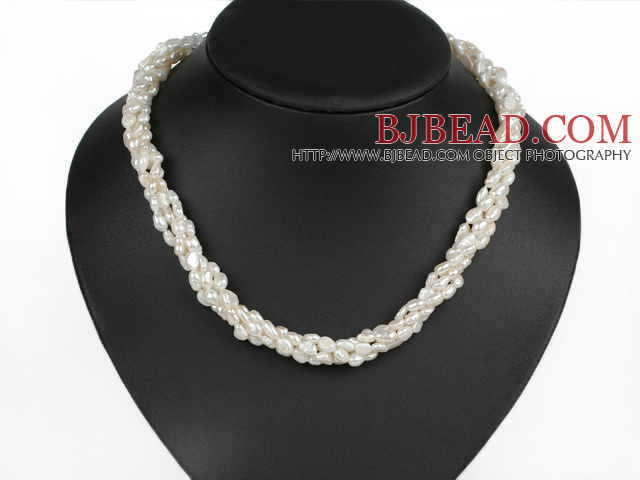 Clásico diseño de cuatro hebras blancas perlas de agua dulce y blanco Collar de cristal