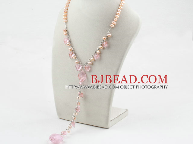 Pink Freshwater Pearl and Pink Colored Glaze Y Shape Necklace