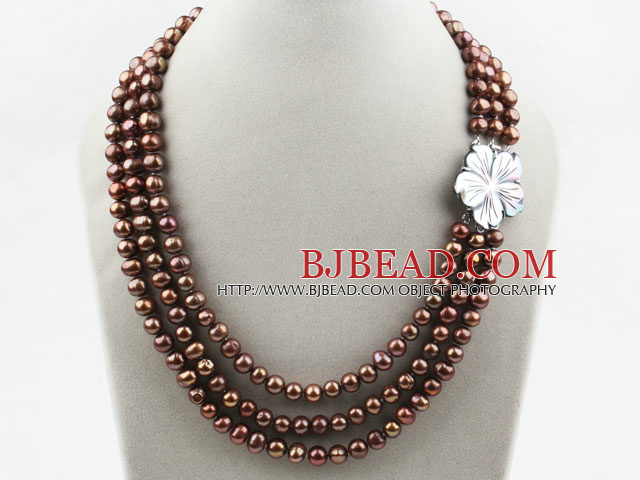 Three Strands Coffee Brown Color Round Freshwater Pearl Necklace with White Shell Flower Clasp