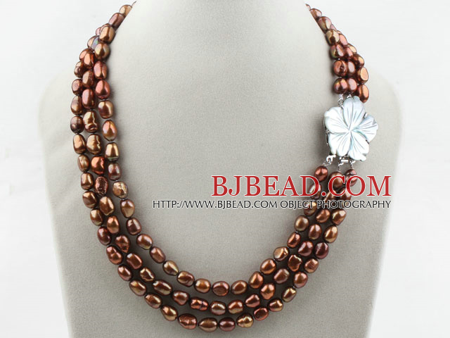 Three Strands Coffee Bornw Color Baroque Pearl Necklace with White Shell Flower Clasp