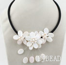 White Freshwater Pearl and White Shell Flower Necklace with Black Cord