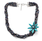 bruids sieraden multi onderdeel zwarte parel blauwe turquoise bloem ketting met uitschuifbare keten