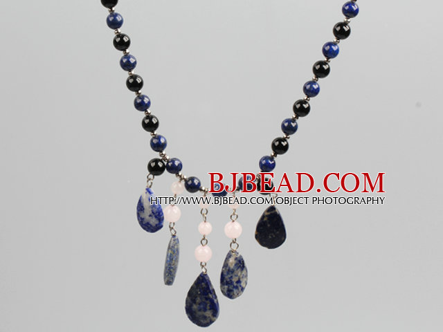 Agata nera e Lapis e quarzo rosa pietra nappa Collana