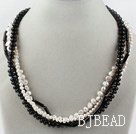 Multi Strand Black and White Freshwater Pearl and Black Agate Necklace with Moonlight Clasp