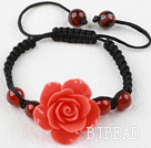 Fashion Style Carnelian and Orange Red Turquoise Flower Woven Drawstring Bracelet with Adjustable Thread