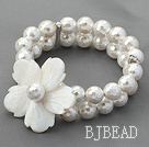 Double Strands Faceted White Seashell and White Shell Flower Stretch Bracelet