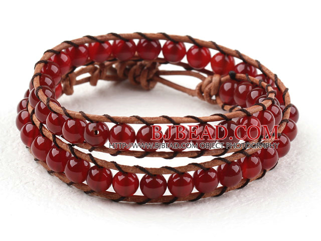 Due righe serie, rosso, perle in corniola intrecciata BRACCIALE Wrap con chiusura in metallo