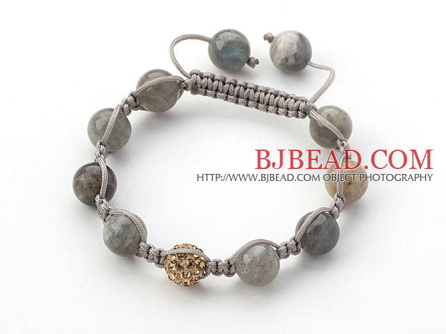 Gray Series 10mm Round Flashing Stone and Rhinestone Beads Adjustable Drawstring Bracelet