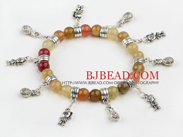 stretchy style three color jade bracelet with charms