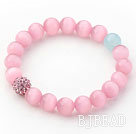 10mm Pink Color Cats Eye and Rhinestone Beaded Stretch Bracelet