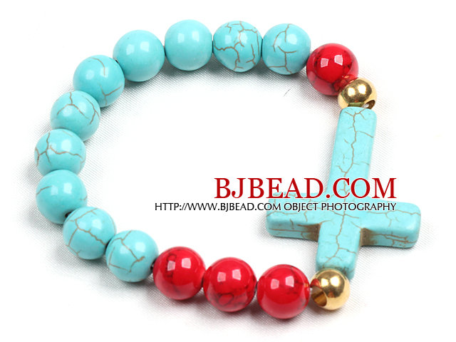 Simple Style Single Strand Blue Turquoise Red Blood Stone Beads Stretch/ Elastic Bracelet With Cross Charm