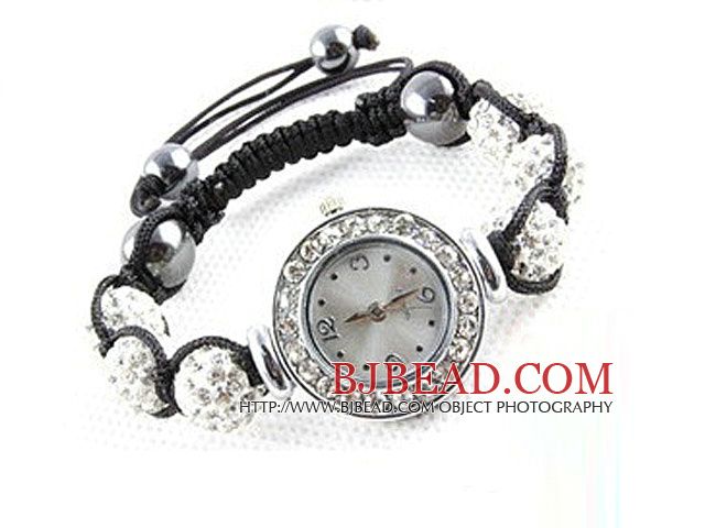 Estilo de la moda Rhinestone Bola Blanca Reloj Pulsera con cordón